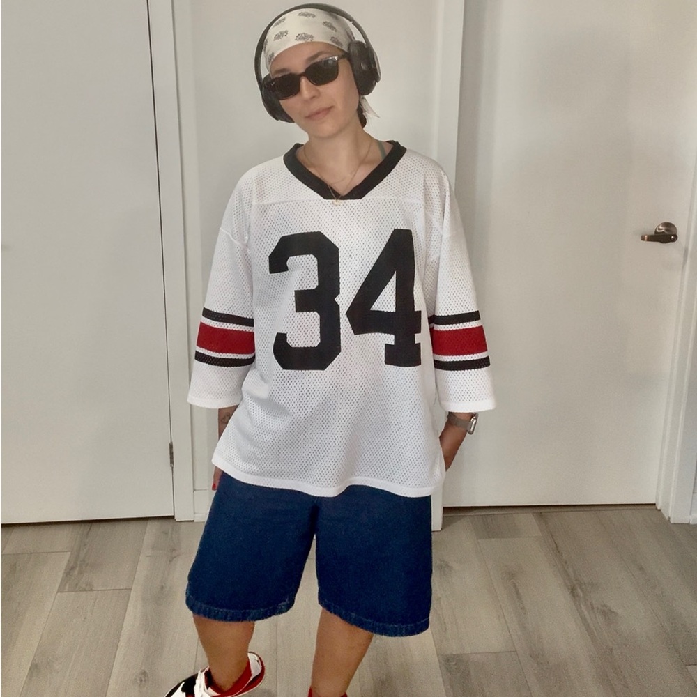 Mesh White Baggy Athletic Knit Football Jersey #34 
Black & Red Sleeve Details